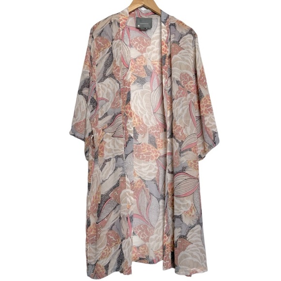 Anthropologie Pink/Tan Floral Kimono 3/4 Sleeve One Size - Picture 2 of 11